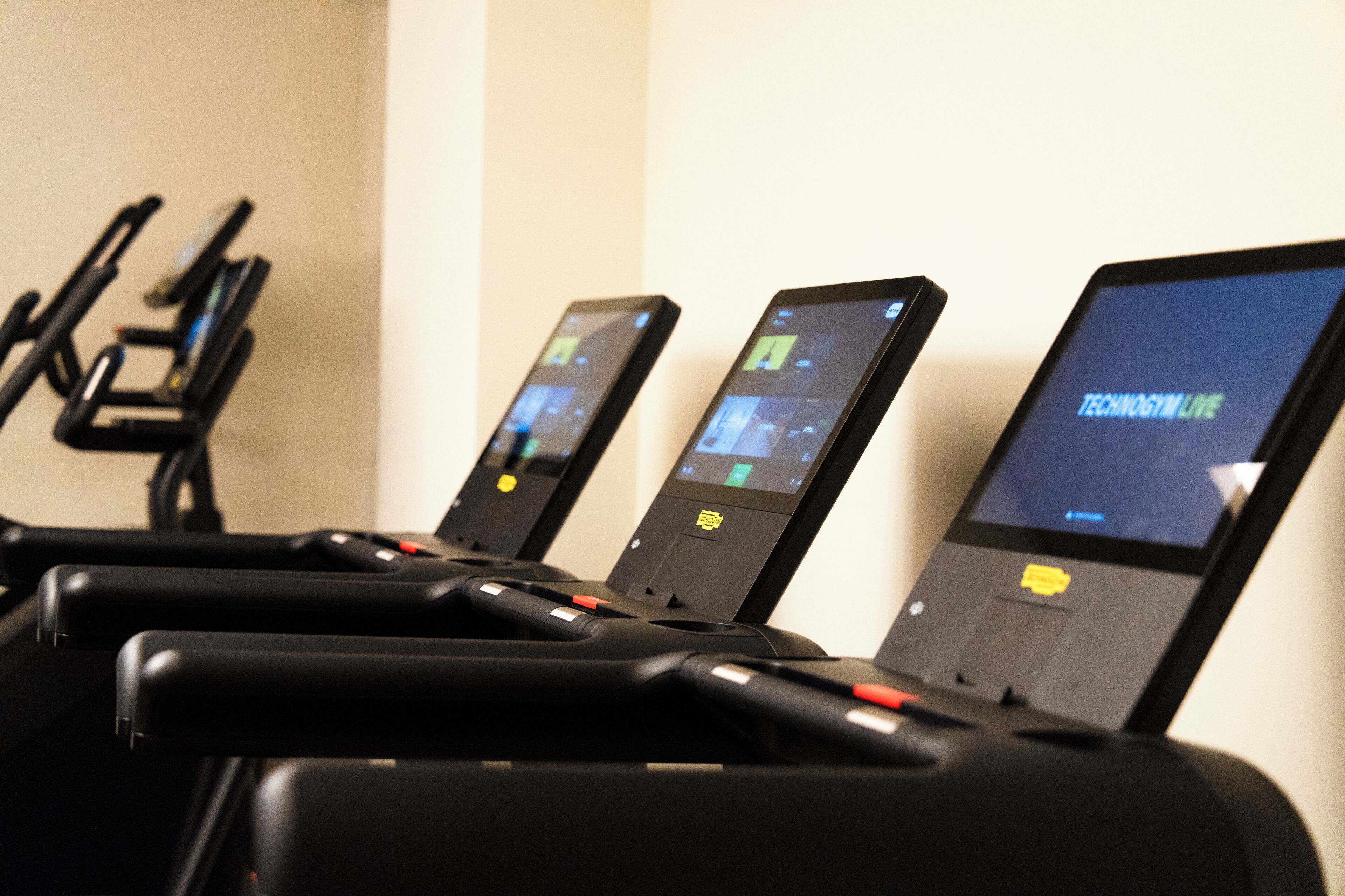 A row of stationary exercise bikes with digital screens displaying workout programs.