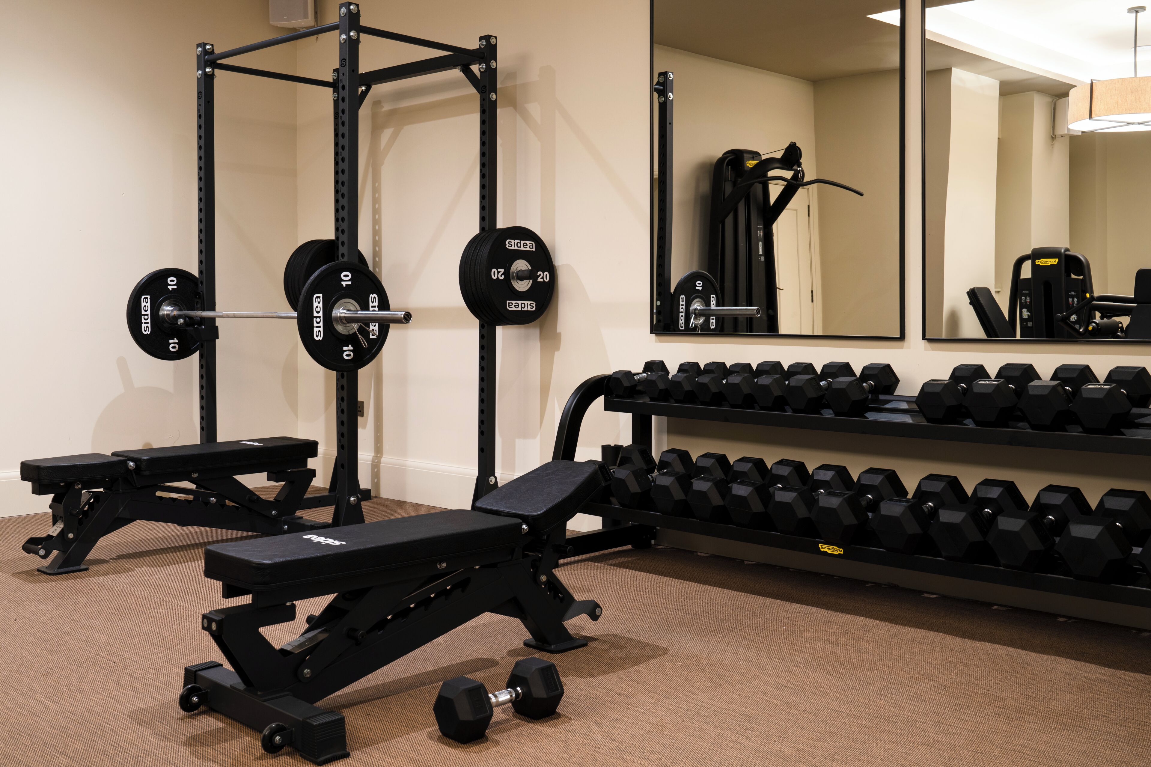 A gym with weightlifting equipment, including a squat rack, bench, and dumbbells.