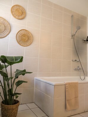 Hair dryer, towels, soap, toilet paper