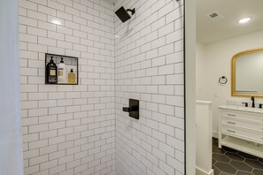 Hair dryer, towels, soap, shampoo