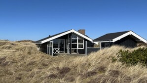 Ett modernt hus med ett stort glasfönster, en skorsten och ett svart tak, omgivet av torrt gräs och sanddyner.