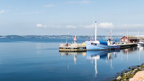 Un puerto tranquilo con barcos amarrados, un muelle y una costa distante con edificios.