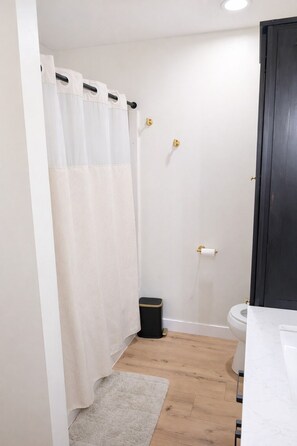 Shower, hair dryer, towels, toilet paper