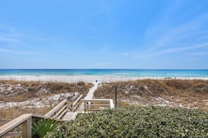 A beach pathway leading to the ocean, surrounded by vegetation.