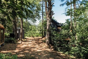 A forested area with a building, a wooden structure, and a dirt path. - Off-Grid Getaway | Fireplace, BBQ & Patio (Gravenhurst)