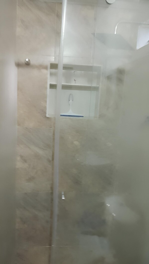 Shower, towels, soap, toilet paper
