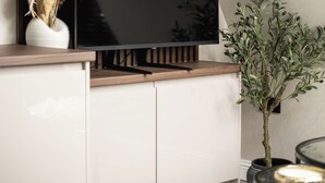 Ein modernes Wohnzimmer mit Flachbildfernseher, einem weißen Schrank, einer Wand aus Holzlatten, einer Topfpflanze und einem runden Tisch.