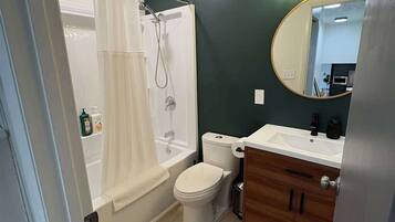 Shower, hair dryer, shampoo