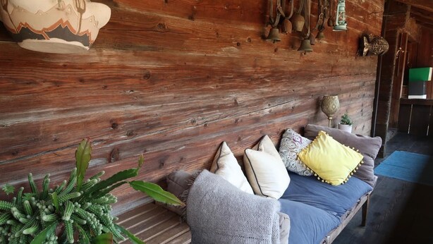 A rustic wooden wall with a wooden bench, pillows, and a cactus plant. - Lakeview Chalet 1 , Därligen (Darligen)