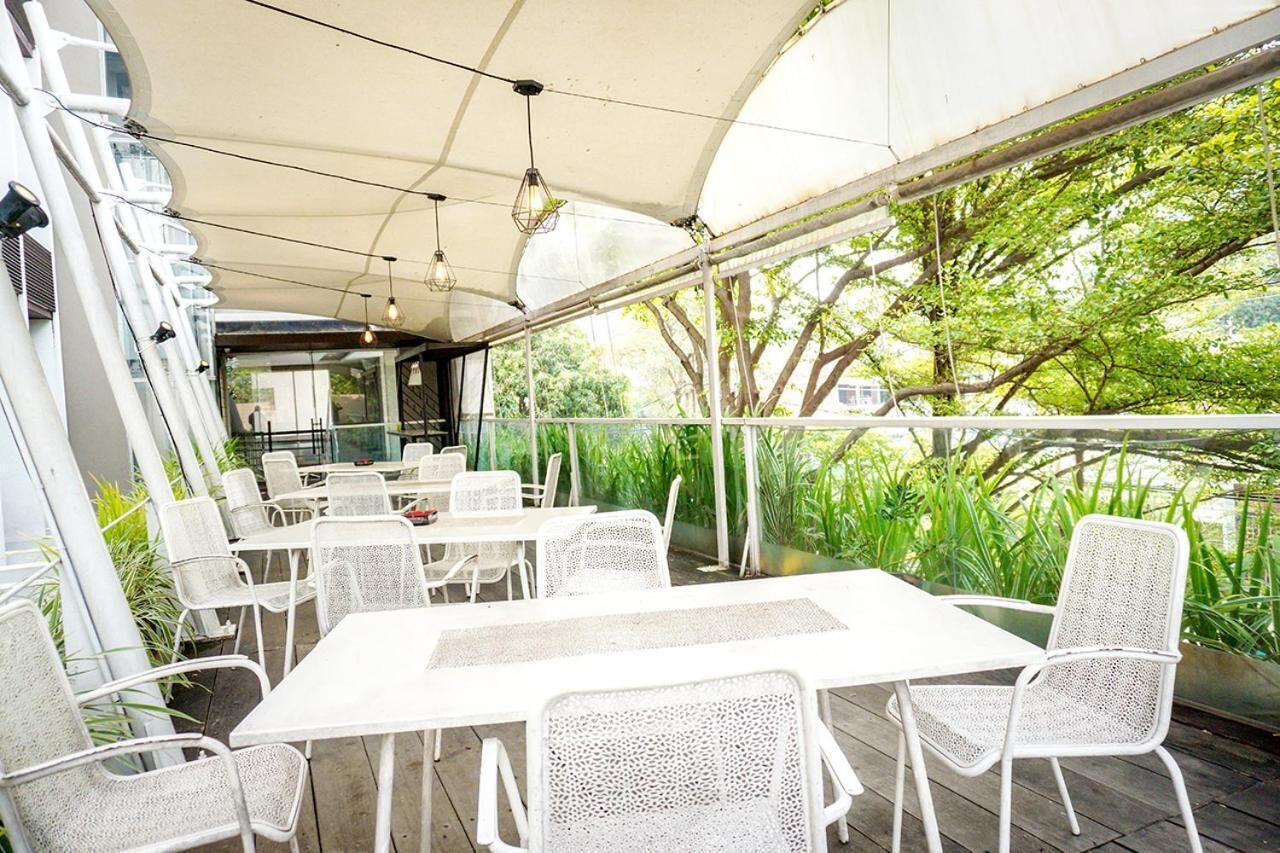 An outdoor patio with white metal tables and chairs, a canopy overhead, and greenery visible through the structure.