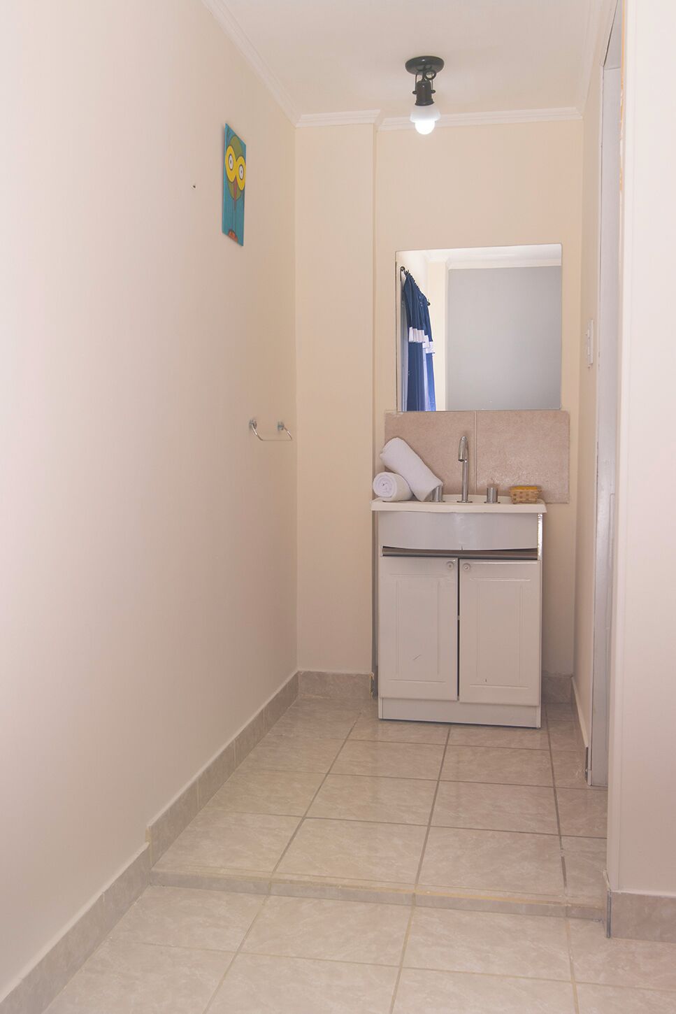 Een kleine badkamer met een wastafel, spiegel en handdoekhouder.