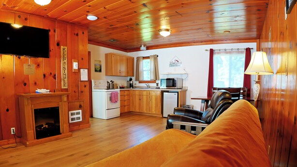 A wooden cabin interior with a living area, kitchen, fireplace, and a television. - Kitchenette 1: Cozy Woodsy Suite w/  Kitchen – Your Adventure Basecamp (Florence)