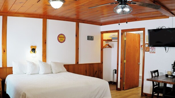 Une chambre à coucher comprenant un lit, un plafond en bois, une télévision, un bureau et une porte donnant sur une salle de bain.