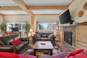 Smart TV, fireplace, DVD player, books