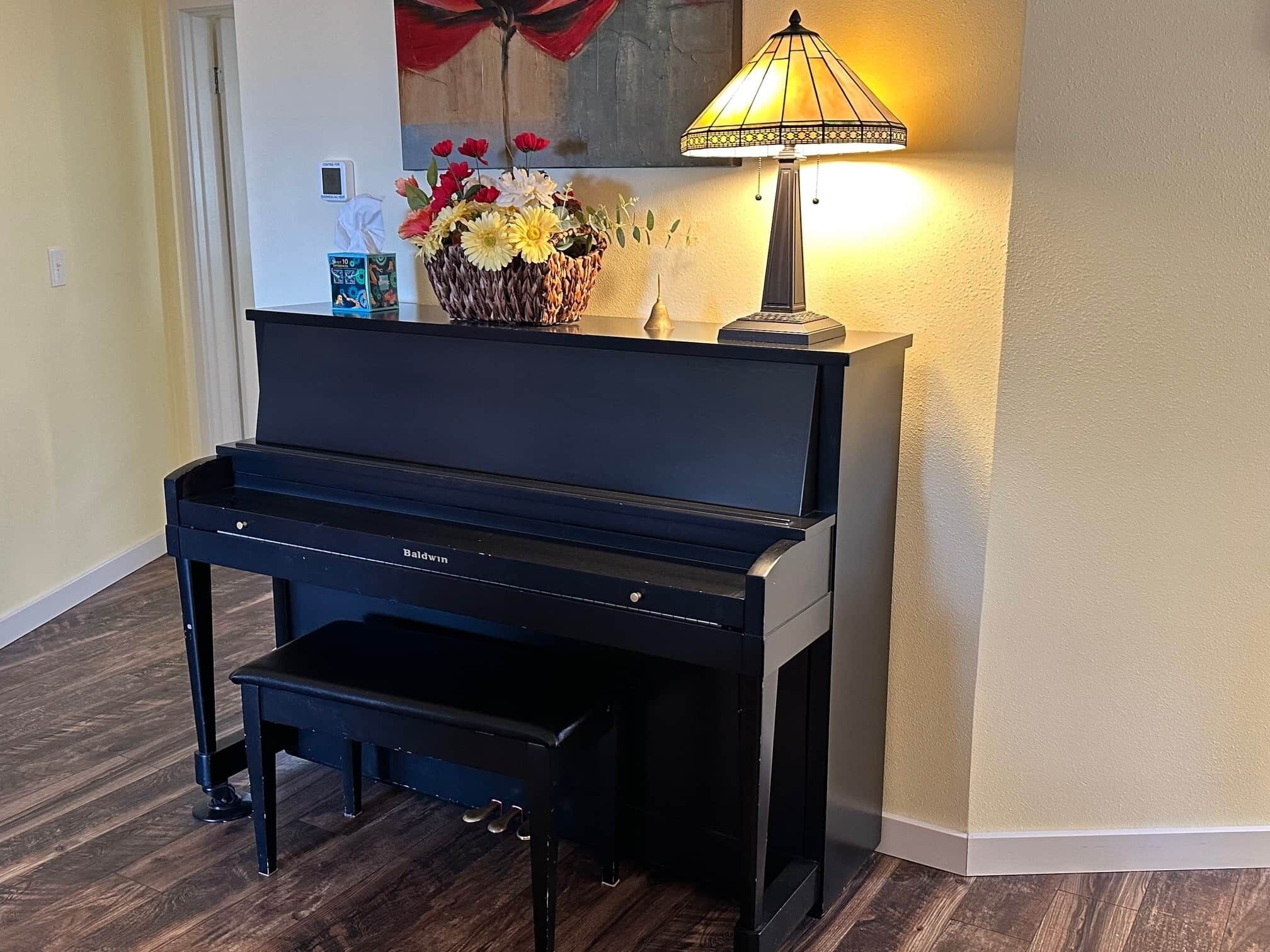 Un piano en una habitación con una lámpara y un cuadro en la pared.