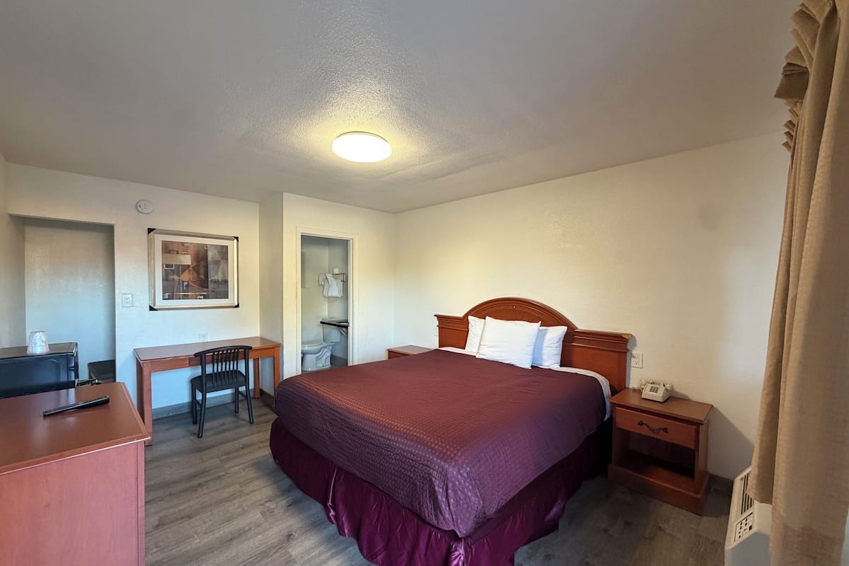 Una habitación de hotel con cama, escritorio, silla y teléfono.