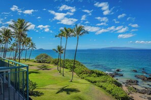 A coastal view with palm trees, a clear sky, and a view of the ocean. - Punahoa 102-Oceanfront Condo at The Cove, Kihei | Walk to Surf, Dining & Shops (Kihei)