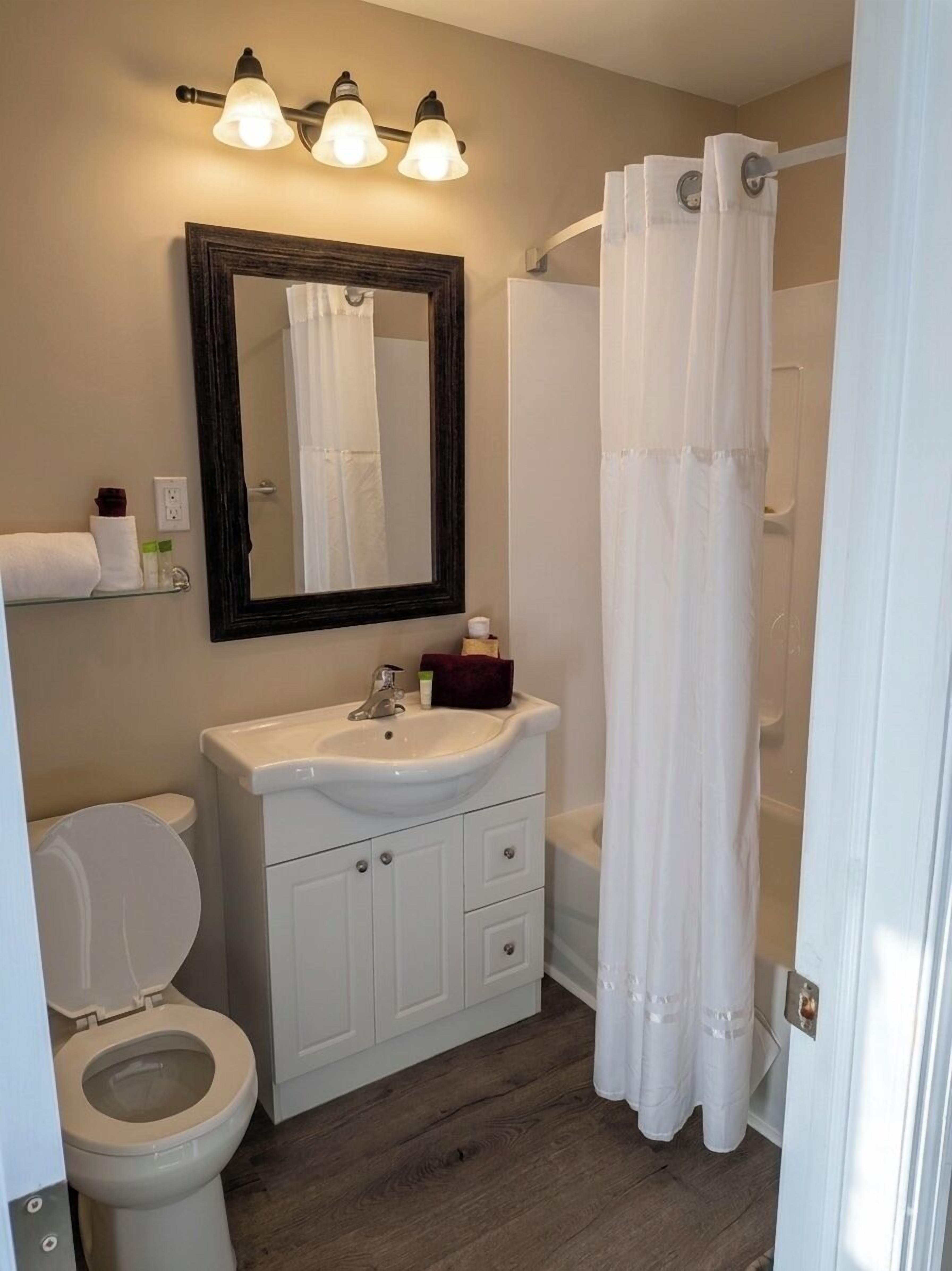 Combined shower/bathtub, towels, soap, shampoo