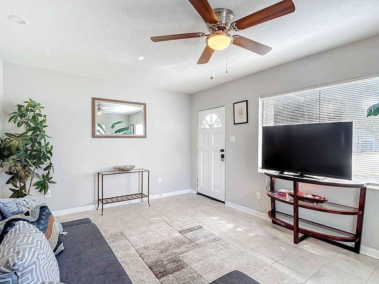 A living room with a ceiling fan, a television on a stand, a door, and a plant.