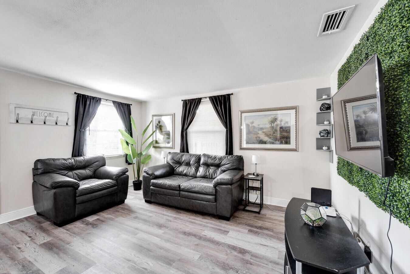 Una sala de estar moderna con dos sofás de cuero, una mesa de centro, un televisor y una planta en la pared.