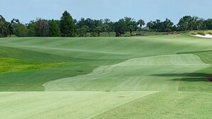 Camp de golf amb turons verds i búnquers de sorra.