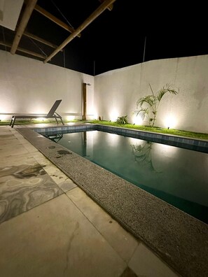 A swimming pool with a tiled edge, a lounge chair, and small plants along the poolside.