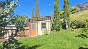 A small house with a brown door and windows, surrounded by a well-maintained lawn and tall trees.