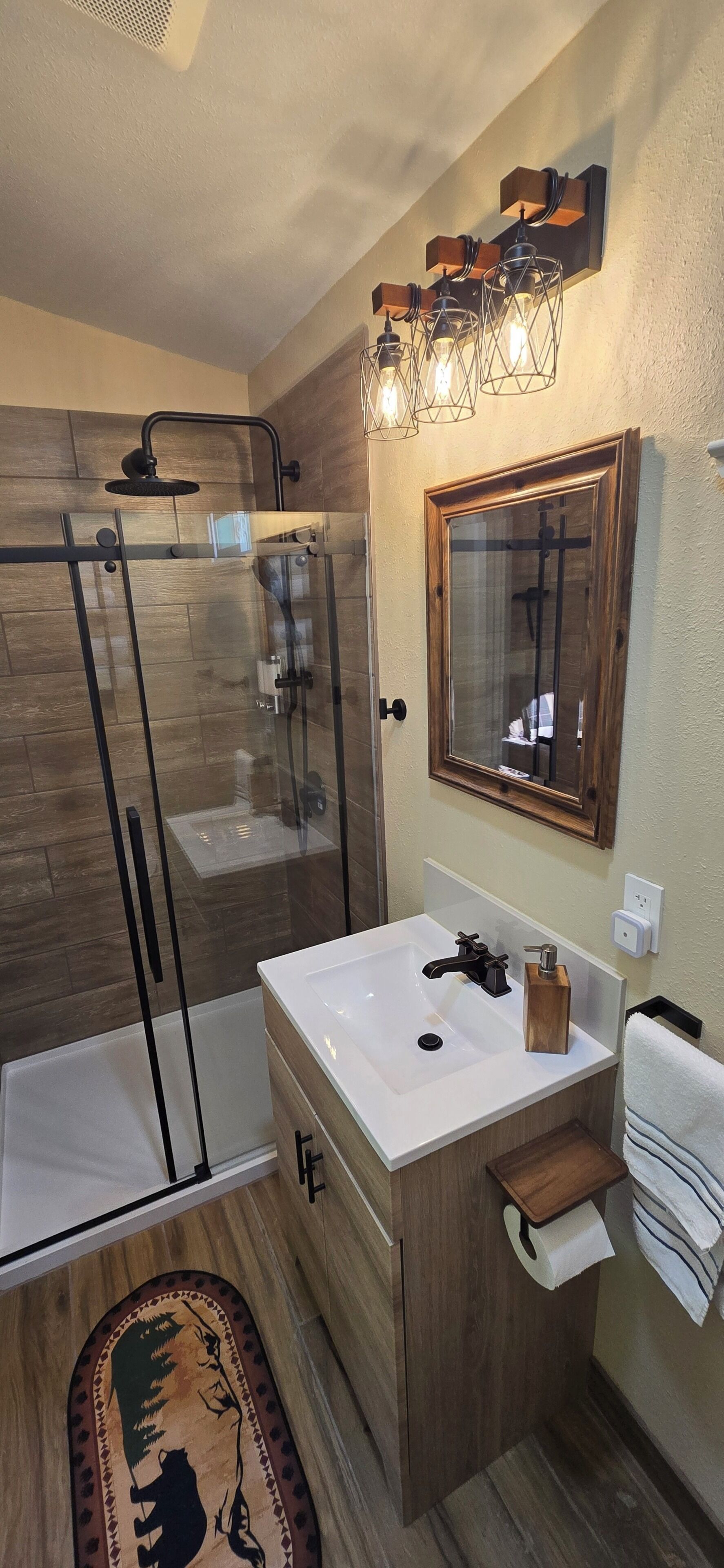 Hair dryer, towels, soap, shampoo