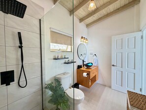 Une salle de bain avec une douche à parois de verre, des toilettes, un lavabo avec un miroir et une porte blanche.