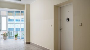 A hallway with a door, a potted plant, and a window.