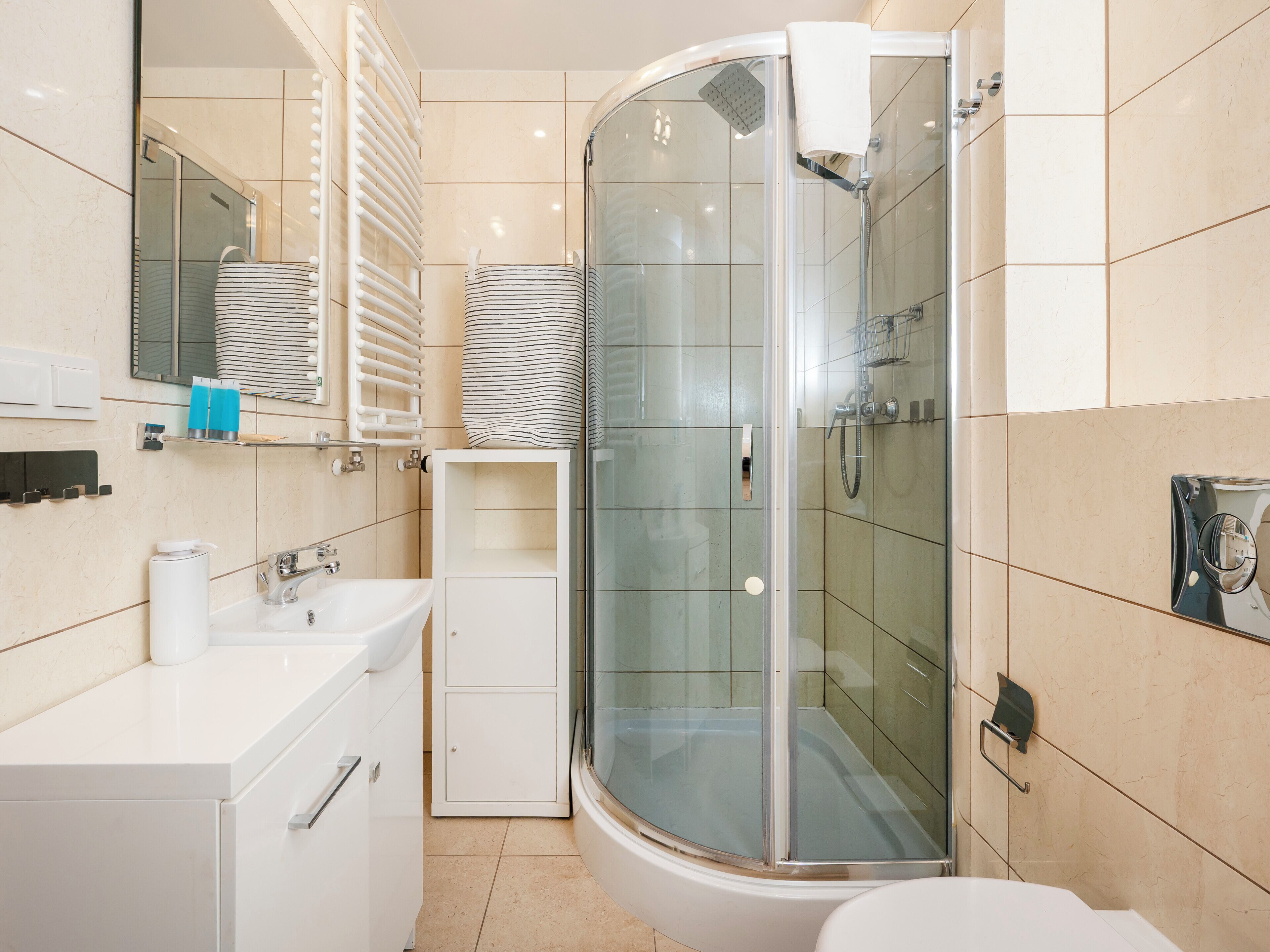 Shower, hair dryer, towels