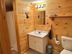 Un bagno con rivestimento in legno, dotato di lavandino, specchio, water e cestino.