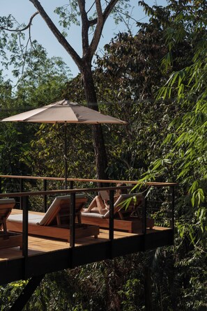 A wooden deck with a canopy, lounge chairs, and a railing overlooking a dense forest. - Garden Heights Studio at Taru Rentals (Montezuma)