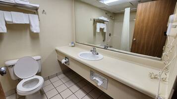 Hair dryer, towels, soap, toilet paper
