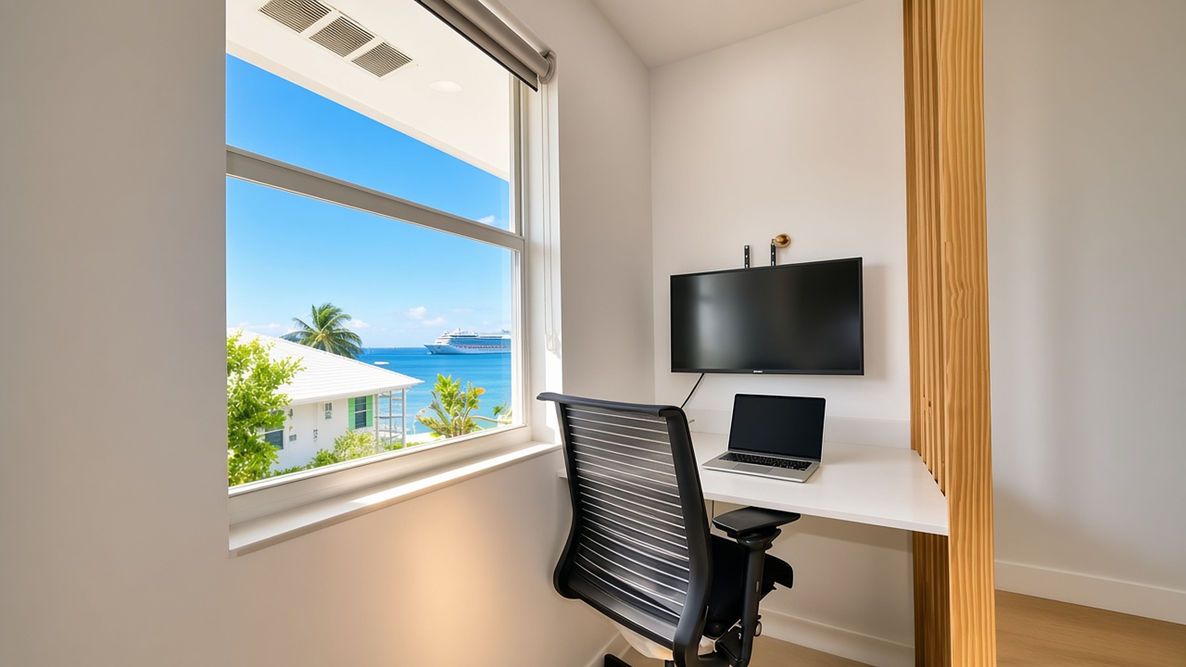 Una habitación con escritorio, una silla, una computadora portátil, un televisor y una ventana con vista al mar y un barco.