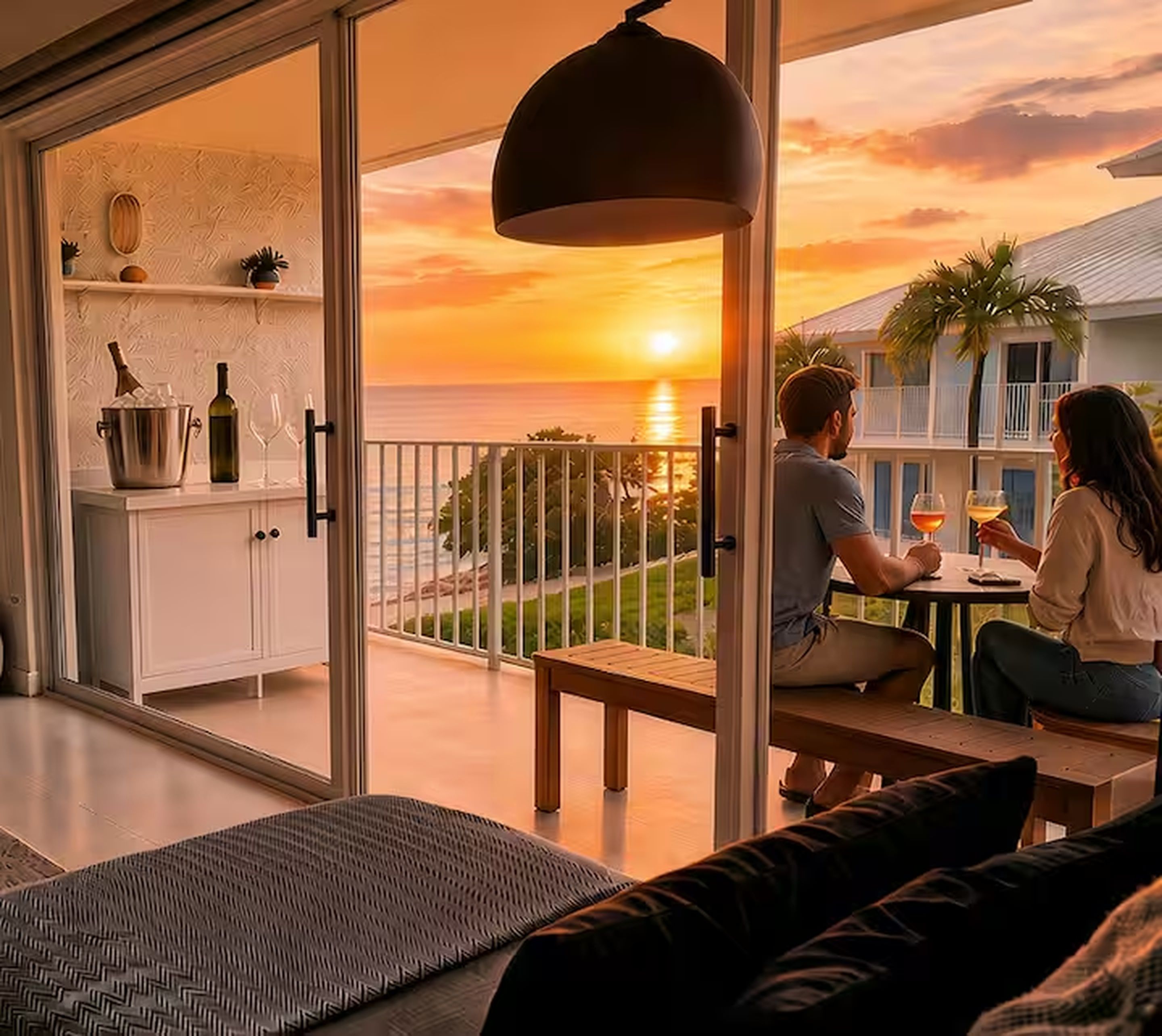 Um casal sentado à mesa num terraço com vista para o pôr do sol, mar e uma casa ao fundo.