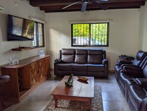TV, lareira, mesa de pingue-pongue