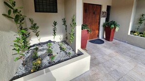 A building entrance with a wooden door, a window with bars, and potted plants.