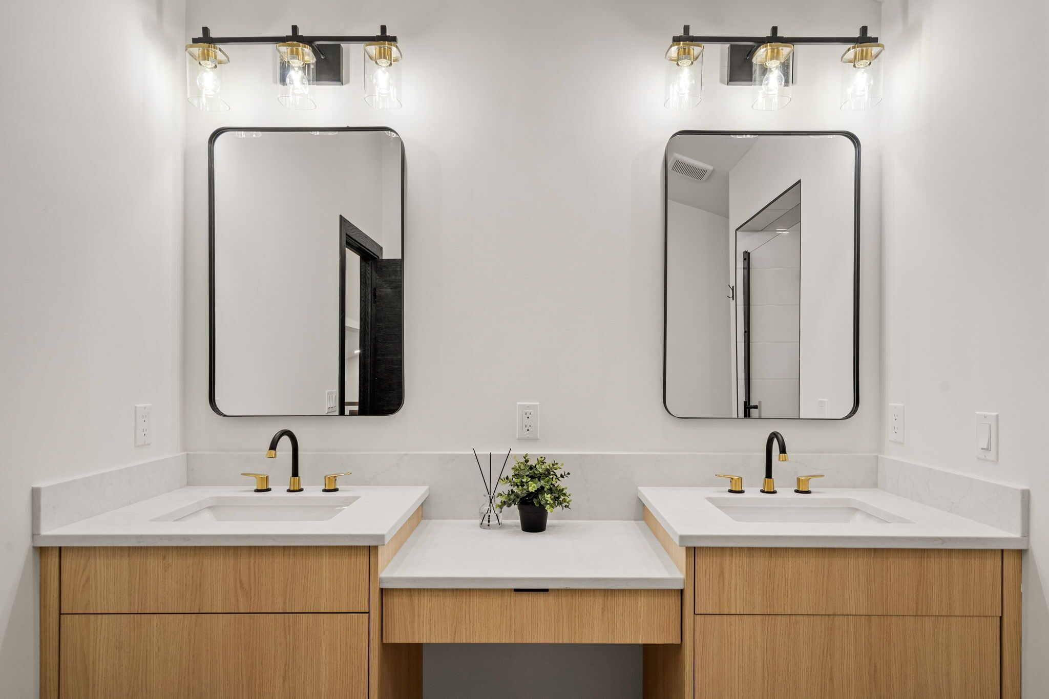 A bathroom with two sinks, a mirror, and a potted plant.