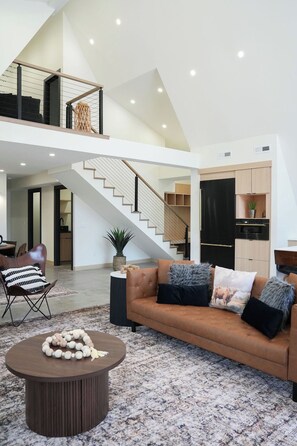 Smart TV, fireplace, books