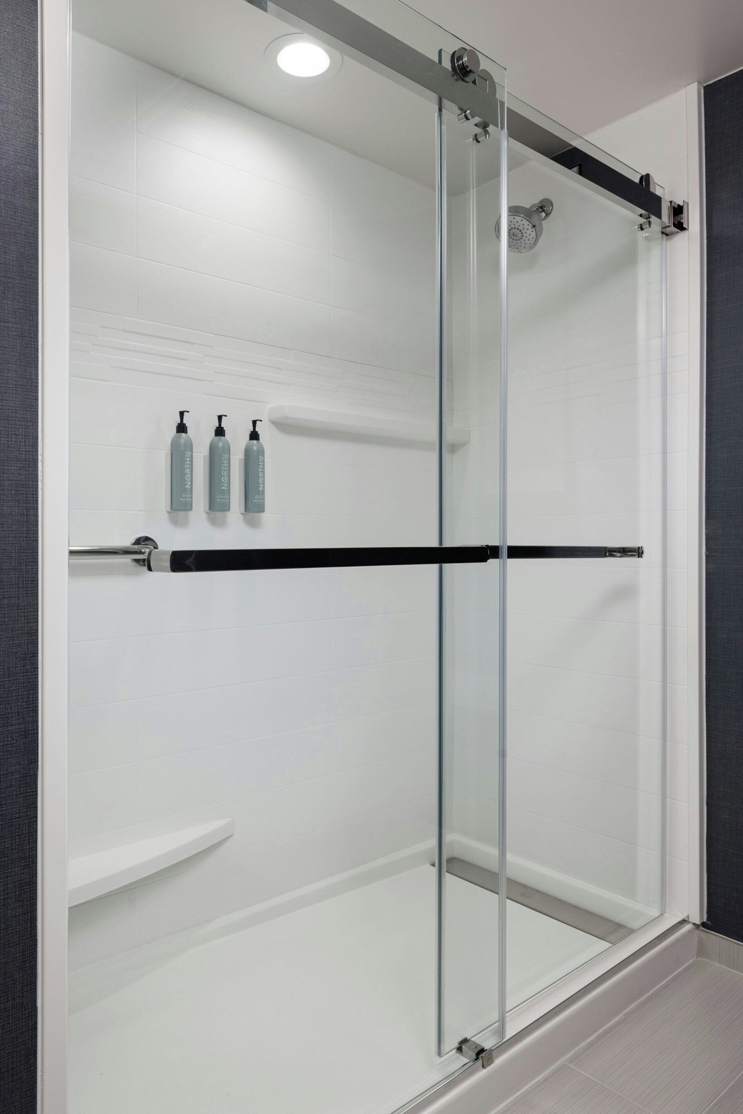 Une cabine de douche moderne dotée d’une porte en verre, d’une étagère intégrée et de trois bouteilles de shampoing.