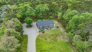 Une maison entourée d’une forêt dense, avec une allée de gravier menant à la porte d’entrée.