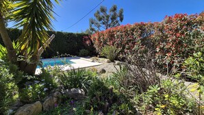 A pool surrounded by lush greenery and various plants. - Beautiful villa, sea view, swimming pool, WIFI (ST MANDRIER SUR MER)