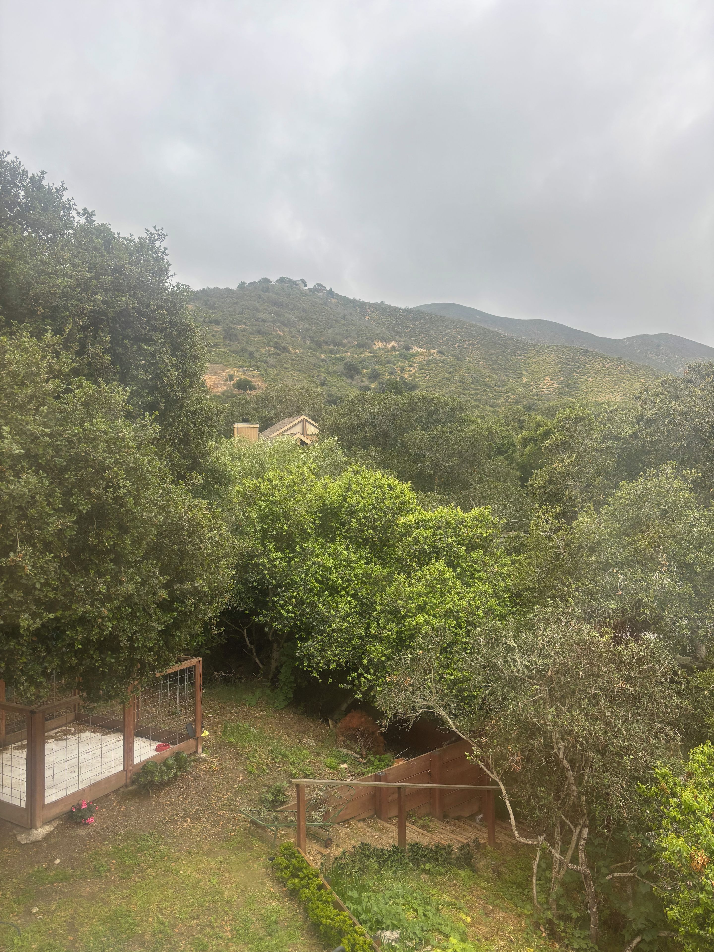Un jardín con cerca de madera, una pequeña construcción y vista a una colina.