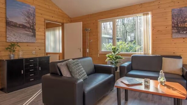 A log cabin interior with a sofa, a coffee table, and a cabinet.