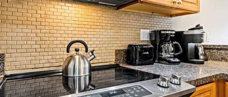 Split-Level Garden View Condo, Unit #202 | Private kitchen | Fridge, microwave, oven, coffee/tea maker