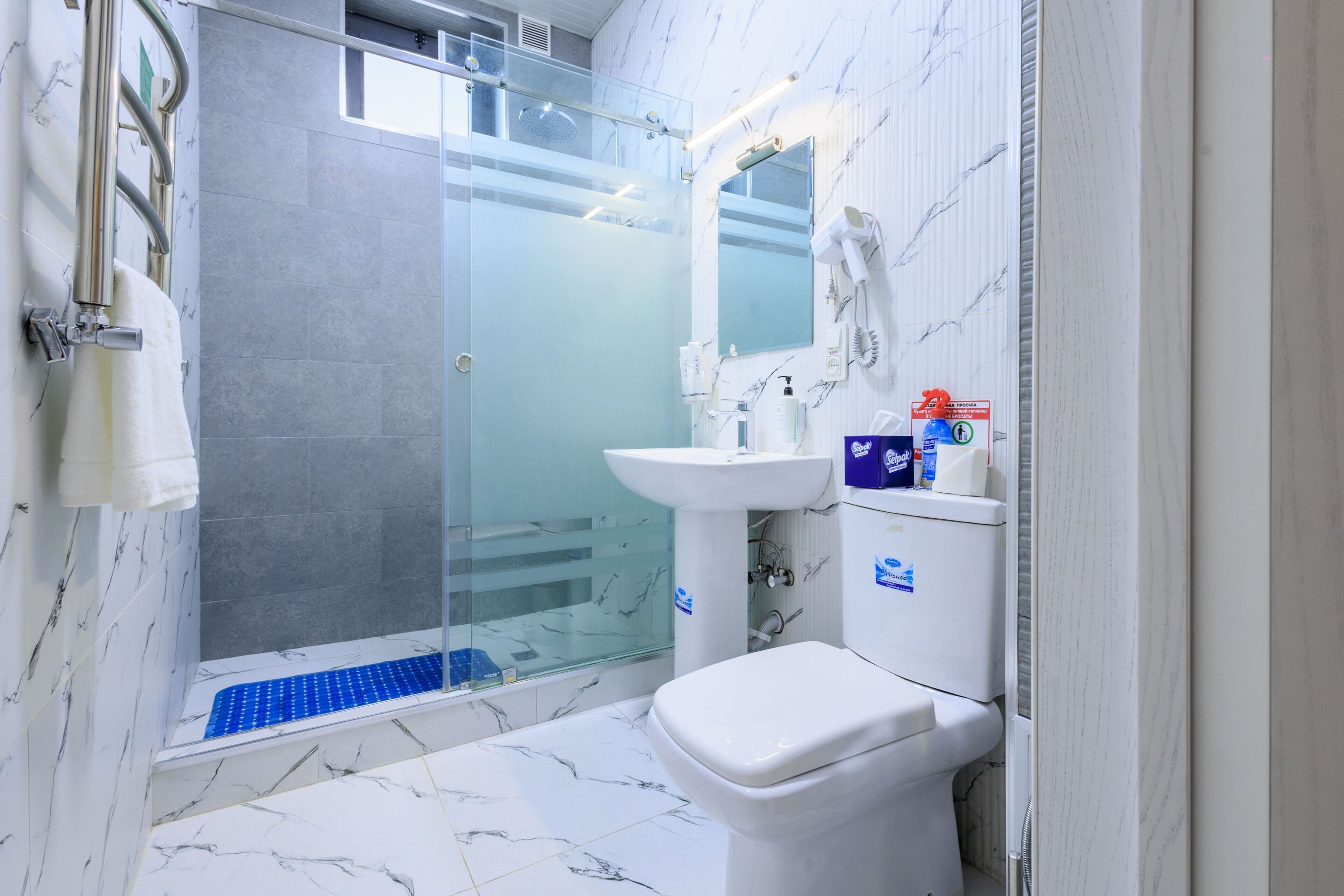 A modern bathroom with a glass-enclosed shower, a white toilet, and a sink.