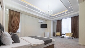 Una habitación de hotel con una cama, un televisor, un escritorio y una silla.