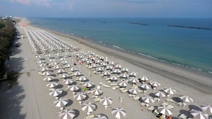 A beach with rows of umbrellas and sun loungers, a clear sky, and calm sea. - Vigna Sul Mar Family Collection (Comacchio)