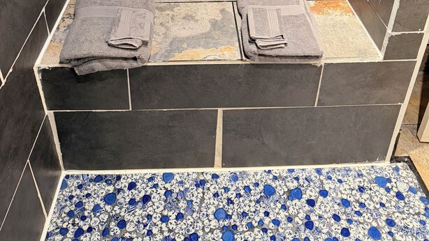 A bathroom with dark tiles, a shower area, and a tiled floor with blue and white patterns. - Cozy Container: A Shipping Container Retreat for Pups & People. (Soldotna)
